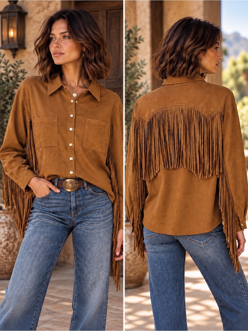 Jodifl Faux Suede Fringe Shacket Large Western Boho Snap Button Up Brown
